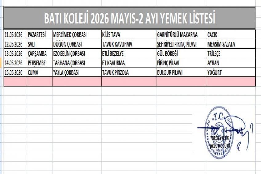 MAYIS AYI (2026) YEMEK LİSTESİ-II